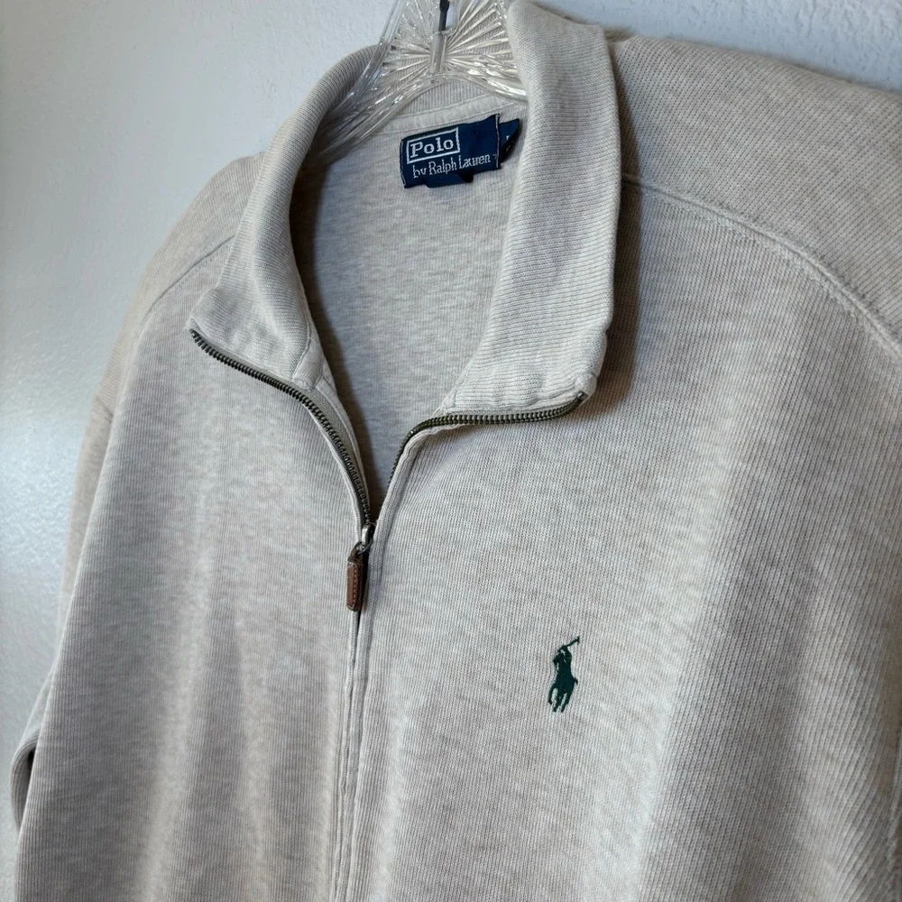 Polo Ralph Lauren Mens Cream Tan Heathered Sweater Jacket Large Pony Logo Preppy